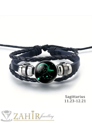 АМУЛЕТ Гривна със СЪЗВЕЗДИЕ СТРЕЛЕЦ – овална метална плочка 1,8 см, естествена черна кожа и регулируема дължина за перфектно прилягане- ZG1219